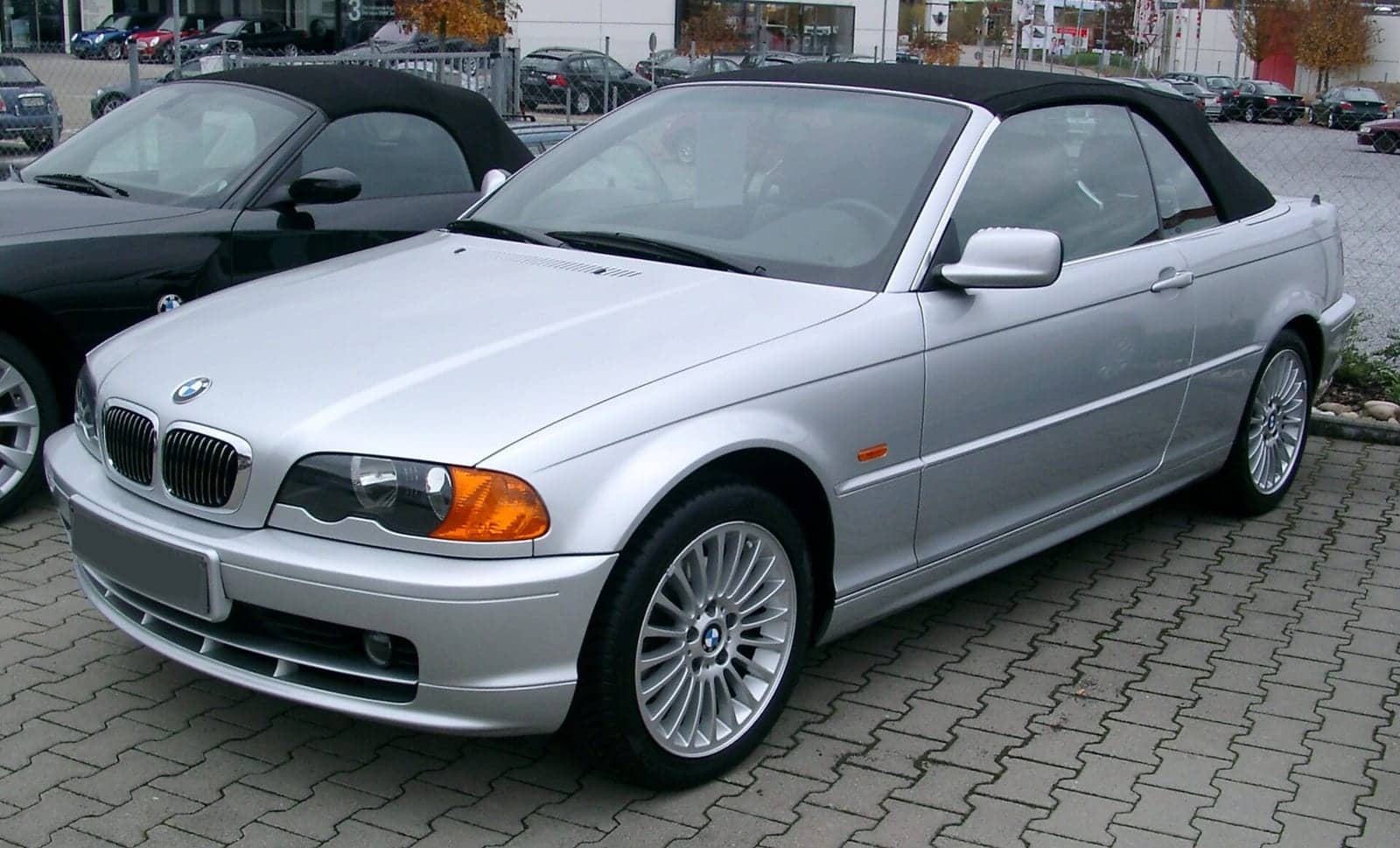 Silver BMW 3 Series convertible, front three-quarter view