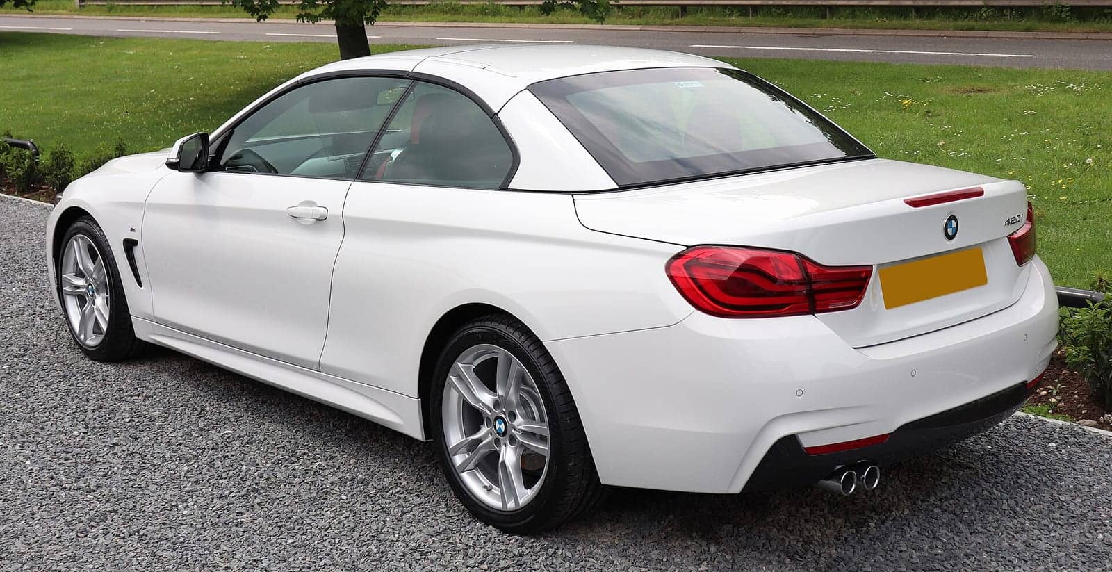 White BMW 420i M Sport convertible (facelift), rear three-quarter view