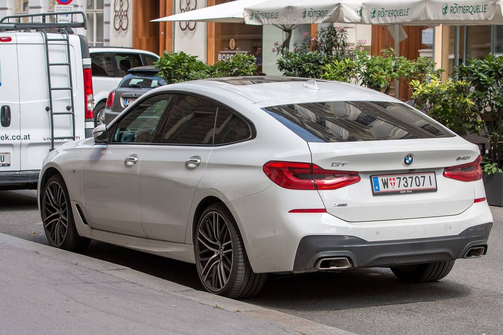 White BMW 640i Gran Turismo, rear three-quarter view