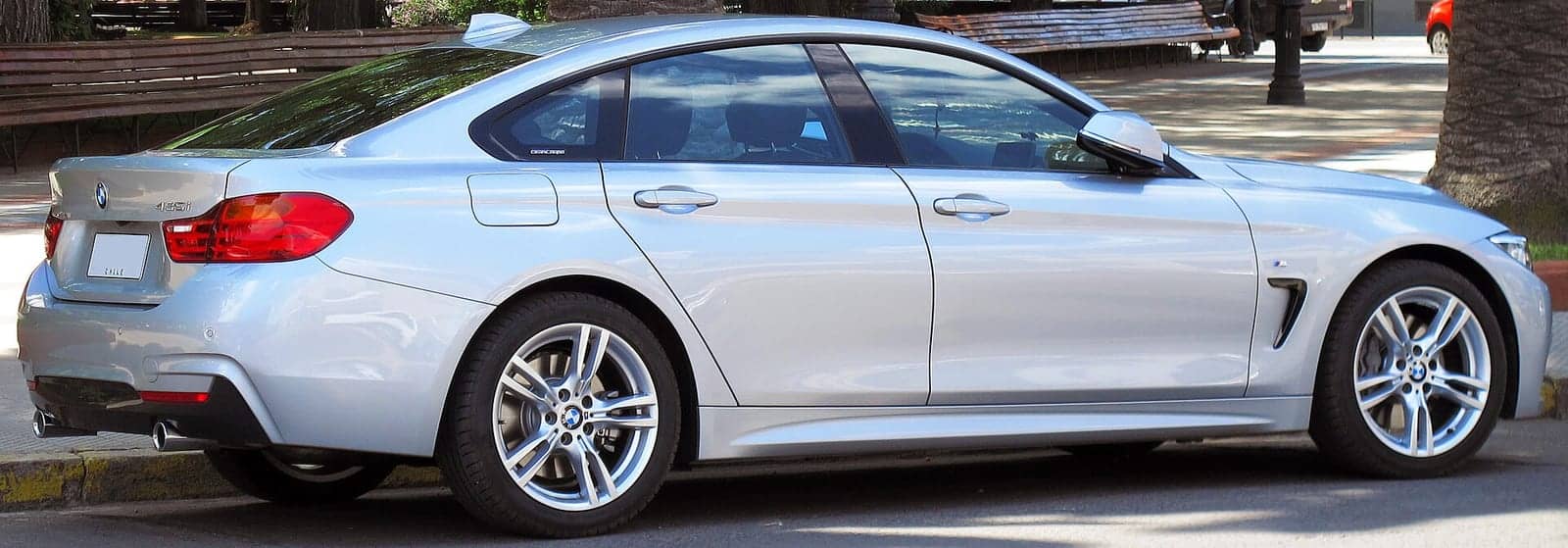 Silver BMW 435i Gran Coupé M Sport, side view